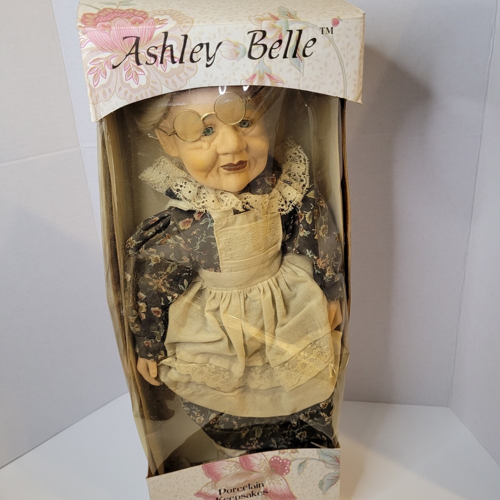 Ashley Belle Porcelain Keepsakes Grandmother Doll with Glasses and Lace Apron